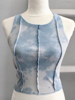 Urban Nation Blue Tie-Dye Raw Hem Ribbed High-Neck Cropped Tank Size Medium
